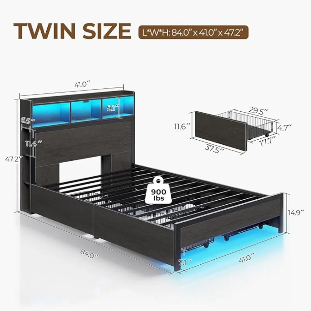 Twin Bed Frame with Storage Headboard, Metal Platform Bed with Charging Station, LED Bed Frame with 4 Drawers, Bookcase Storage