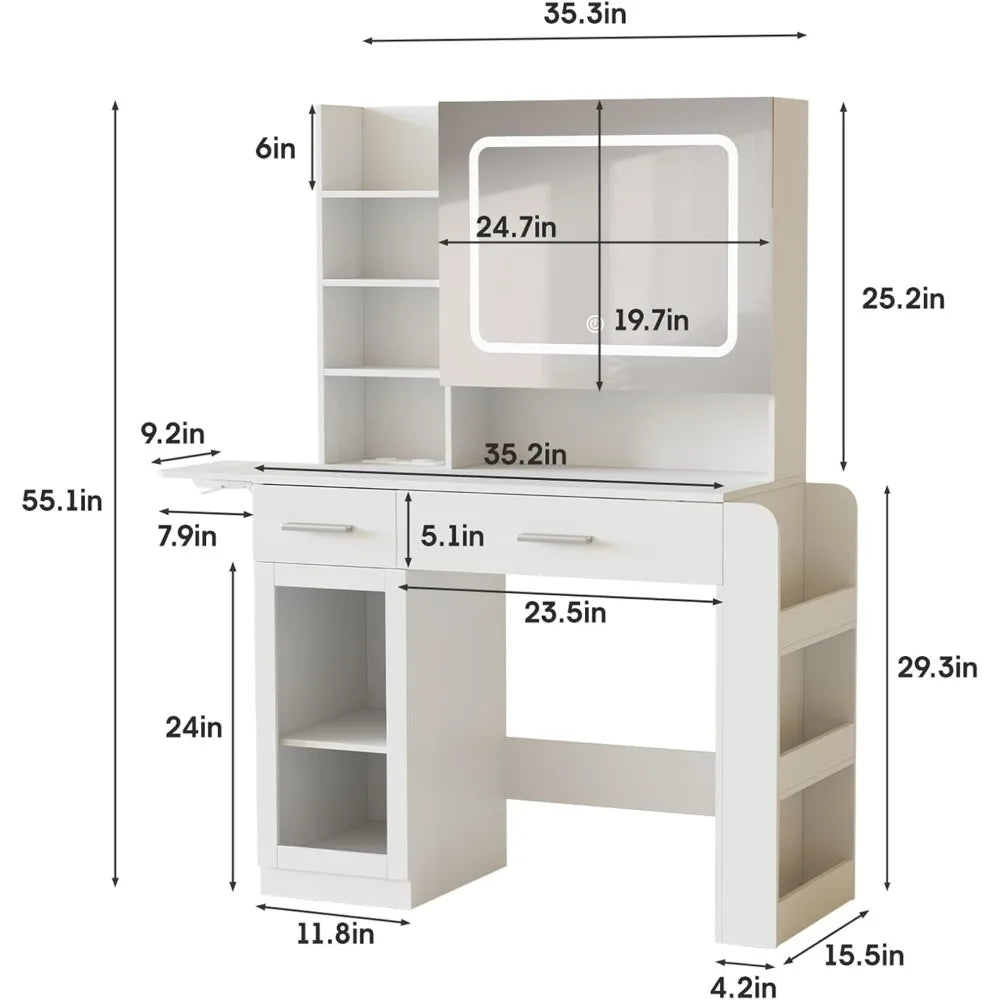 Vanity Desk with Mirror and Lights, Makeup Vanity with Charging Station with Drawers, Shelves and Storage Cabinet, Vanity Table