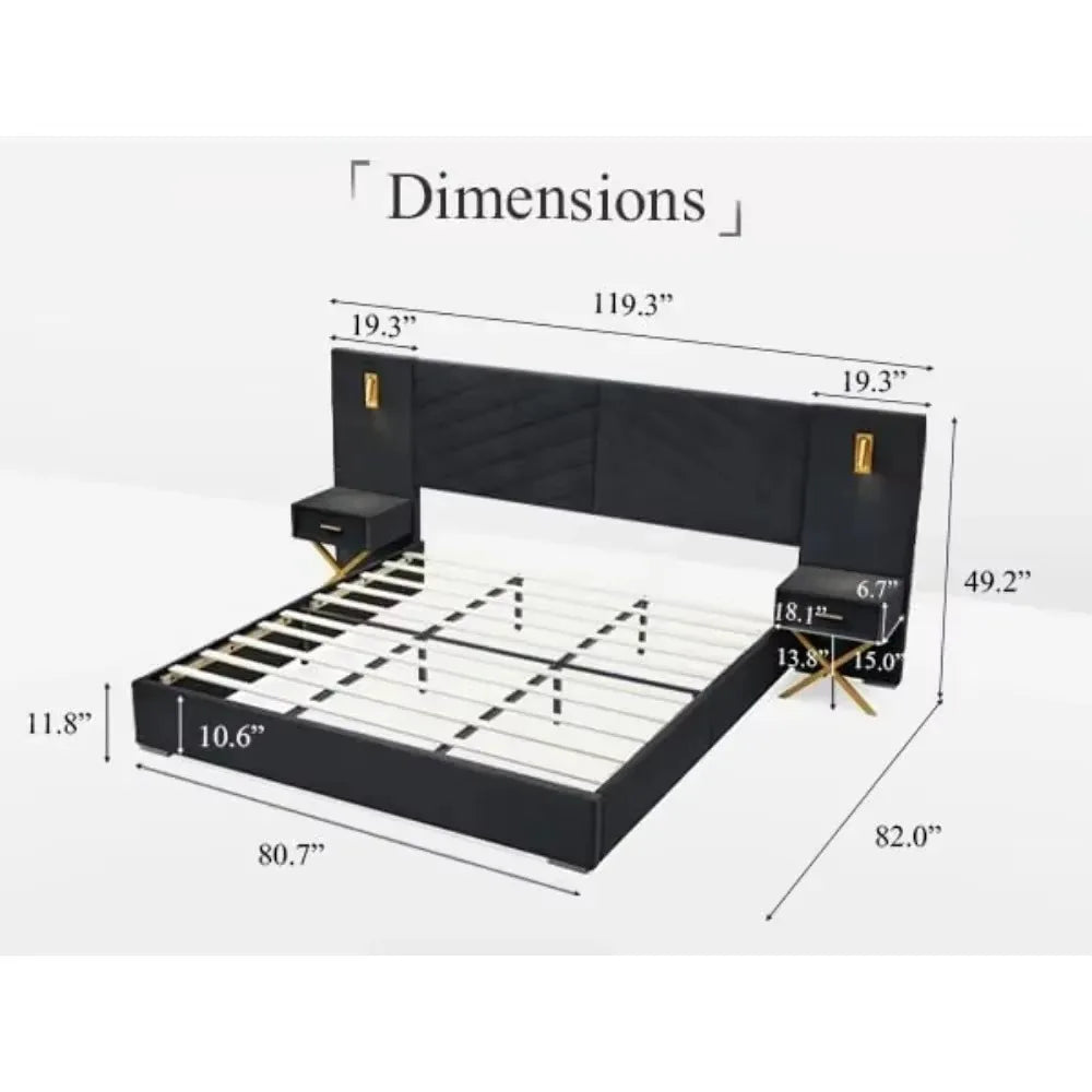 Luxury Bed Frame with Built-in Gold LED Lights and Nightstands,Platform Bed with Oversize Upholstered Headboard for bedrooms