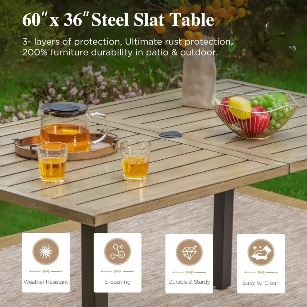 7 PCS Patio Dining Set,64" Extra Large Wood-Like Table with Double Umbrella Hole and 6 Person Dining Chairs,Outdoor Table Chairs