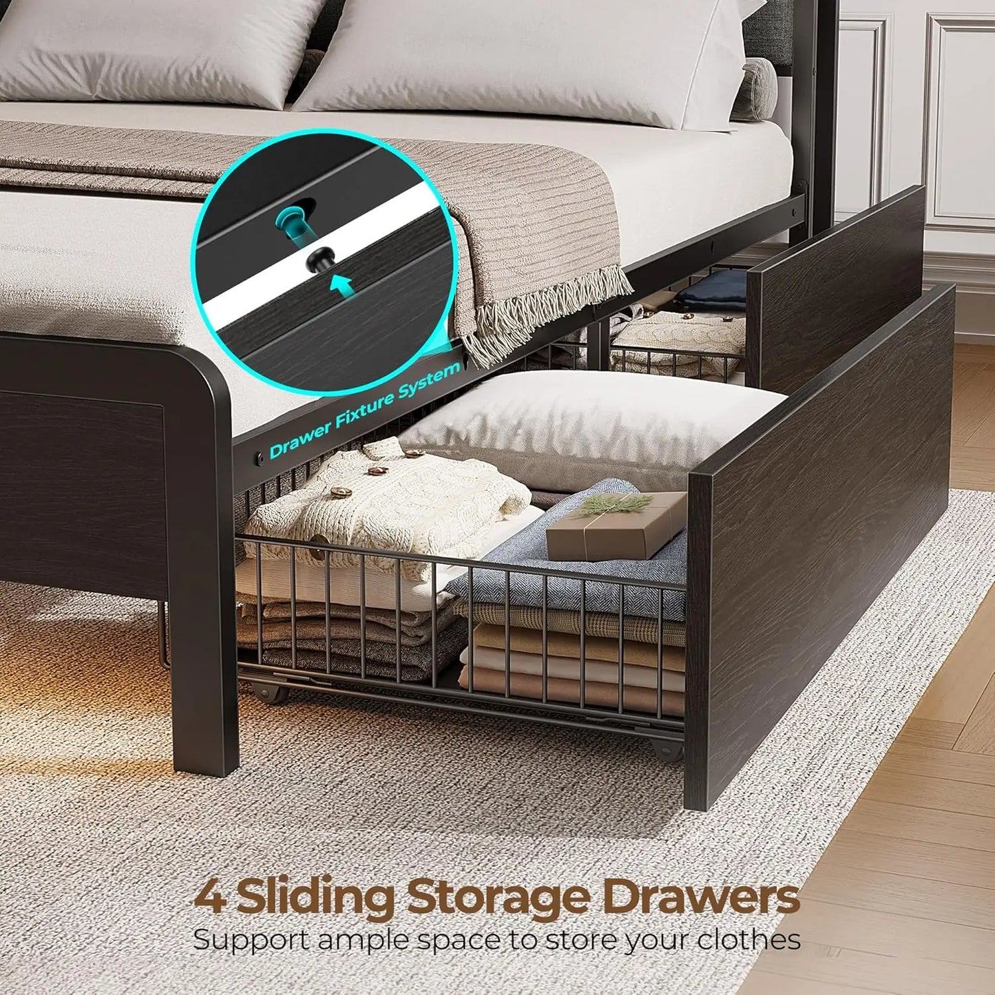 Bed Frame Twin Size with Charging Station and LED Lights, Upholstered Storage Headboard with Drawers, Heavy Duty Metal Slats, No