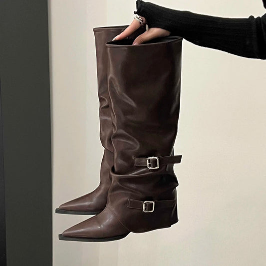 Retro Style Women Knee High Boots Fashion Belt Buckle Shoes Autumn Winter Wedges Heel Women's Knight Long Booties