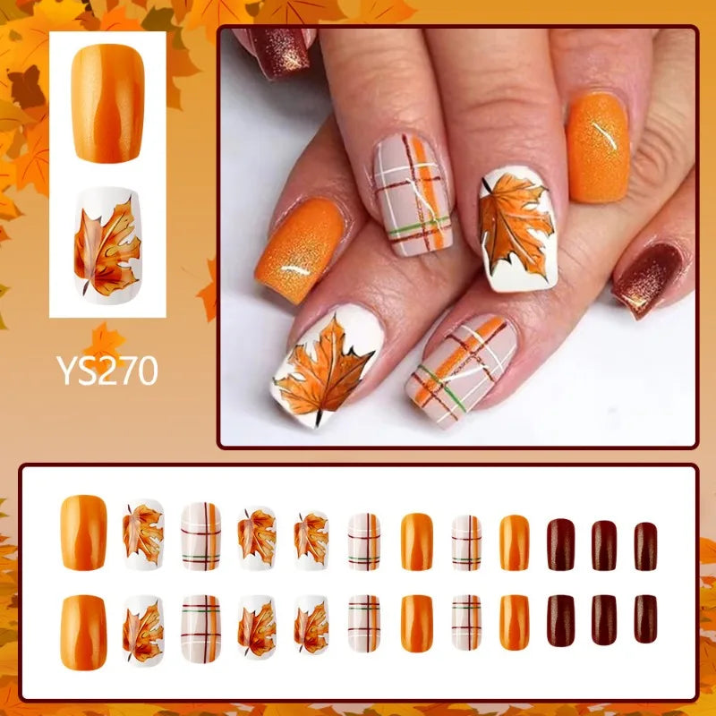 24 Pcs Short Square Glossy Acrylic Nails Press on Fall Winter Maple Thanksgiving Reusable Short Medium Cheap Fake Nails for Girl