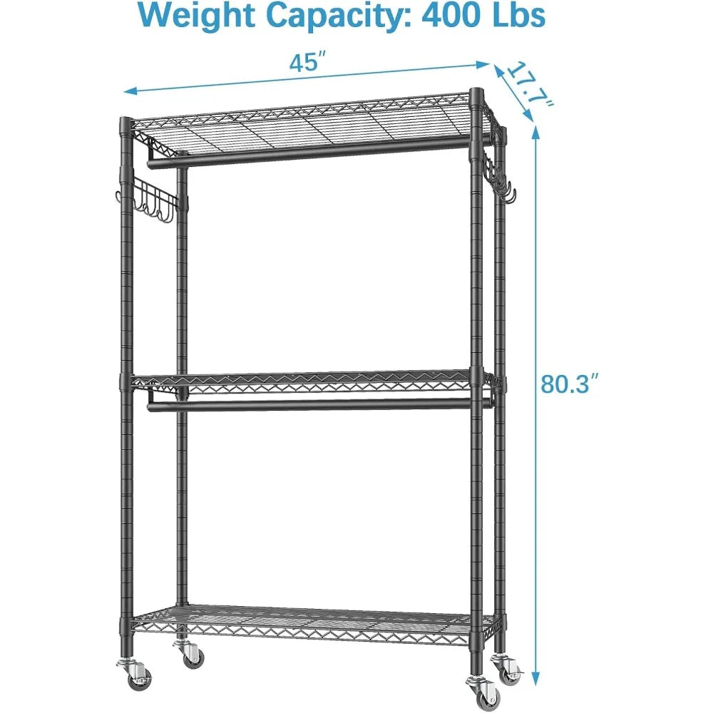 V12 Heavy Duty Rolling Garment Rack 3 Tiers Adjustable Wire Shelving Clothes Rack with Double Rods and Side Hooks,  Black