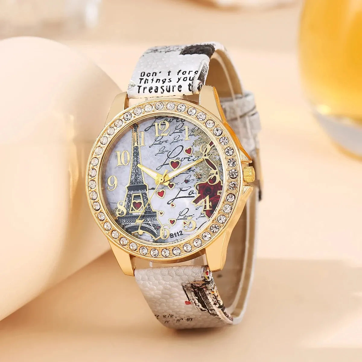 Ladies Fashion Trend Everything Tower Digital Floral Star Printed Leather Watch Band Quartz Watch Birthday Christmas Gift