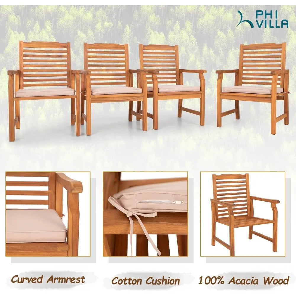 9 Pieces Acacia Wood Patio Dining, Expandable Teak Dining Table & Wooden Chairs with Cushions, Garden Furniture Sets