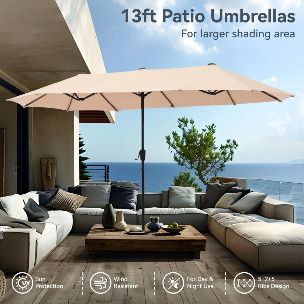 8PCS Patio Dining Set,with 13ft Large Patio Umbrella, 6Outdoor Swivel Chairs & 1 Rectangle Metal Table,Outdoor Dining Table Sets