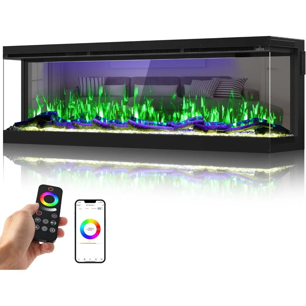 3 Sided Mirrored Electric Fireplace 60" Smart Wall Recessed Fireplace Insert Linear Fire Places Heater with APP & Remote Control