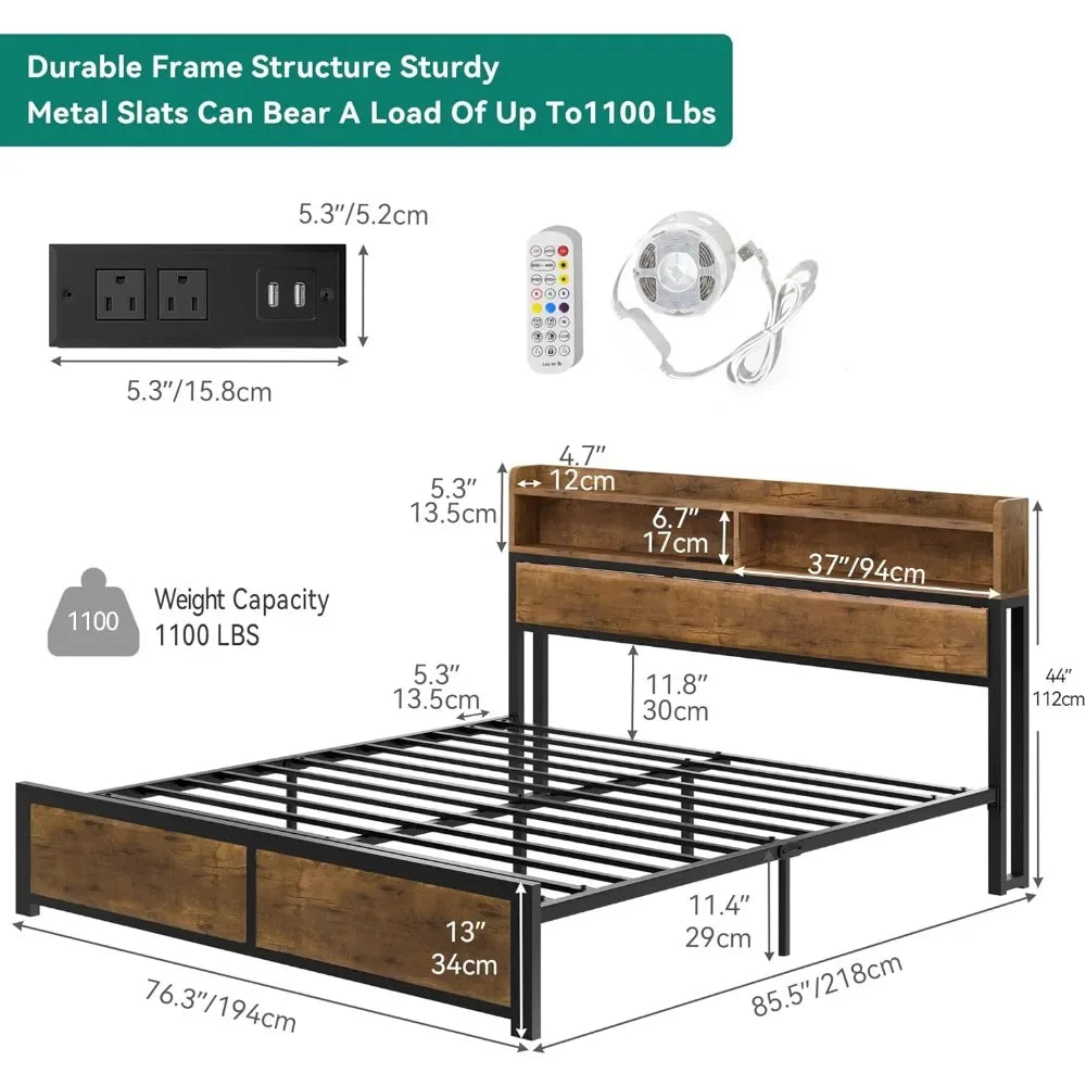 King Size Bed Frame,LED Bed Frame with Headboard,USB Port Charging Outlets,Metal Platform Bed Frame with 2 Tiers Storage Shelves