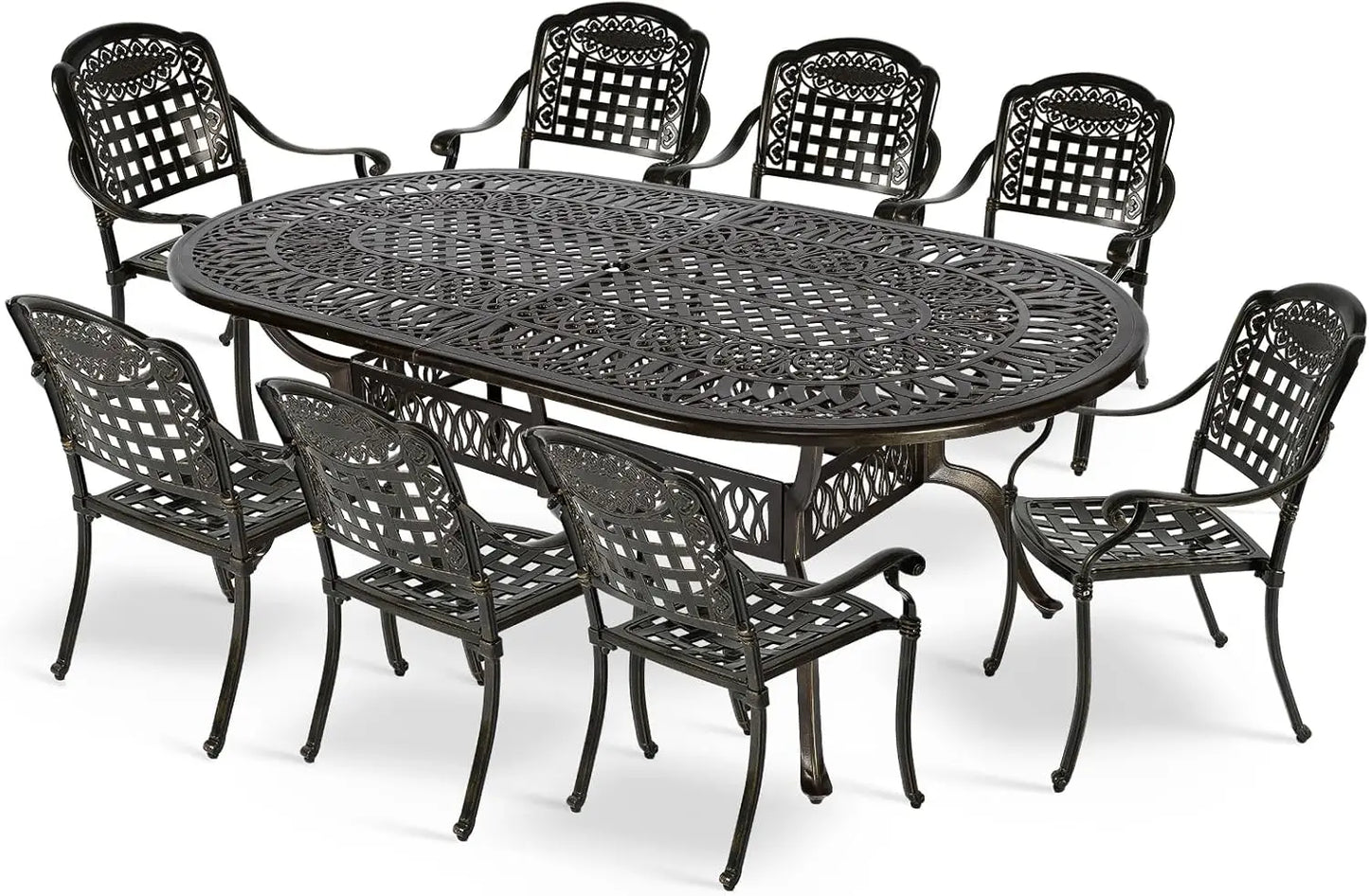 9-Piece Outdoor Furniture Dining Set,with 8 Chairs,1 Oval Table, 2" Umbrella Hole, All Weather Cast Aluminum Patio Garden Set