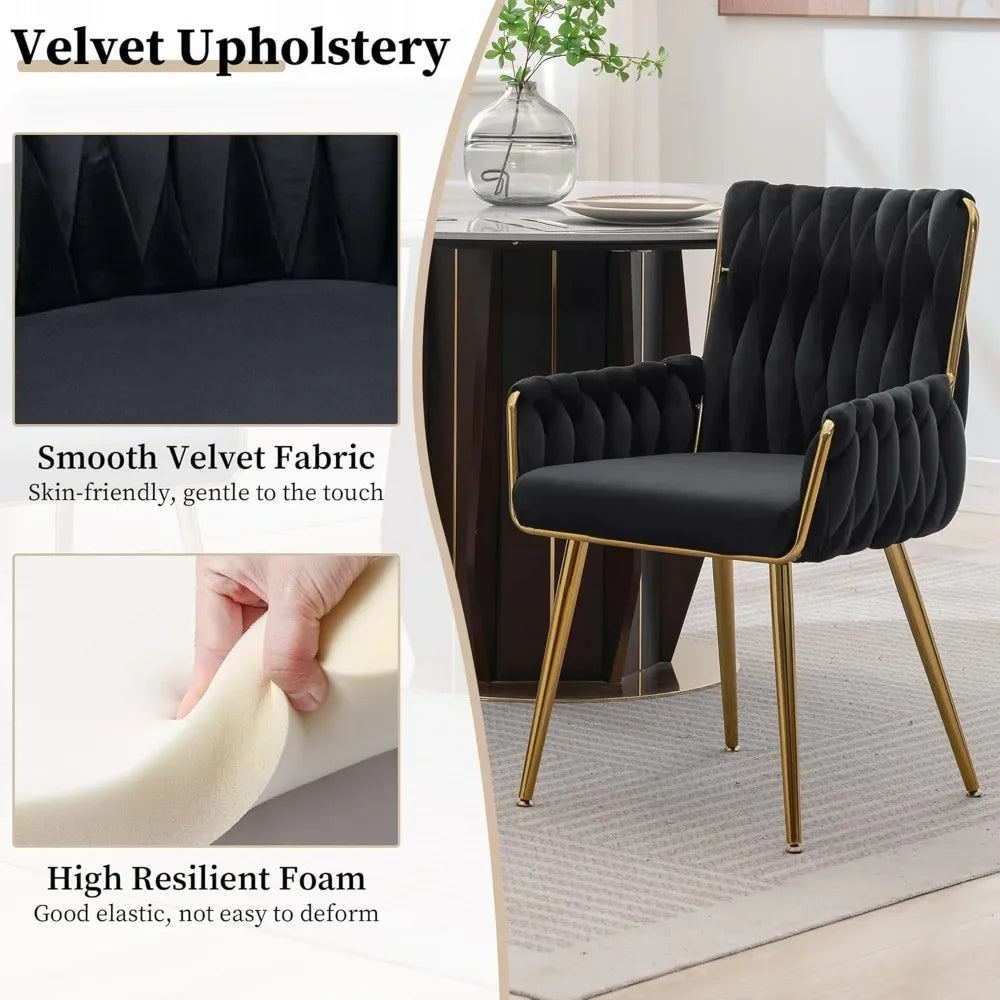 Velvet Dining Chairs Set of 4, Modern Hand Weaving Dining Room Chairs with Golden Metal Legs & Armrest, Dining Chairs