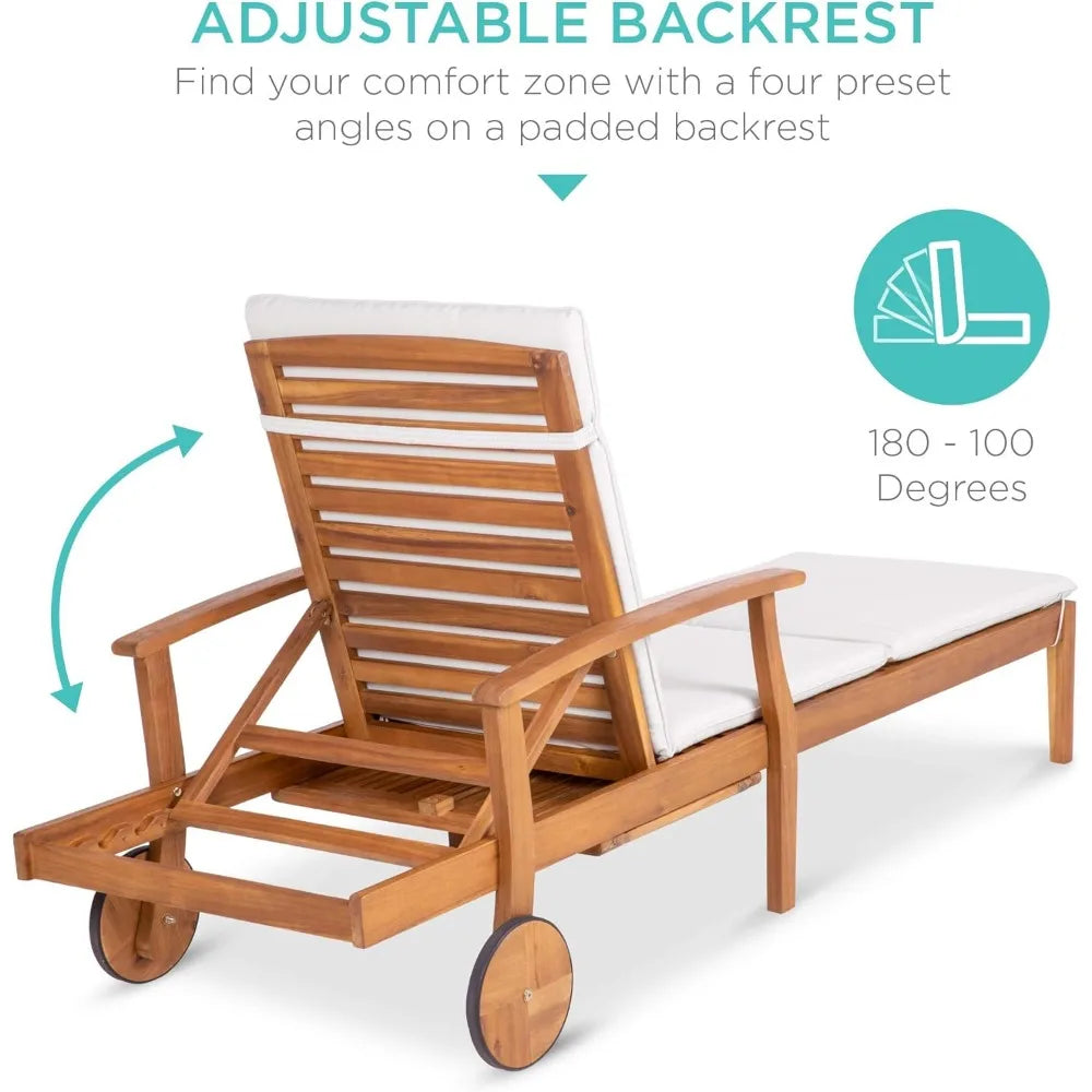 79x26in Acacia Wood Chaise Lounge Chair Recliner,Outdoor Furniture for Patio,Poolside w/Slide-Out Side Table,Foam-Padded Cushion