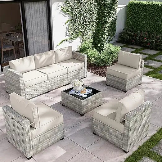 7-Piece Outdoor Patio Furniture Set, Gradient Wicker Sectional Sofa, Wicker Patio Conversation Set, Garden Furniture Sets