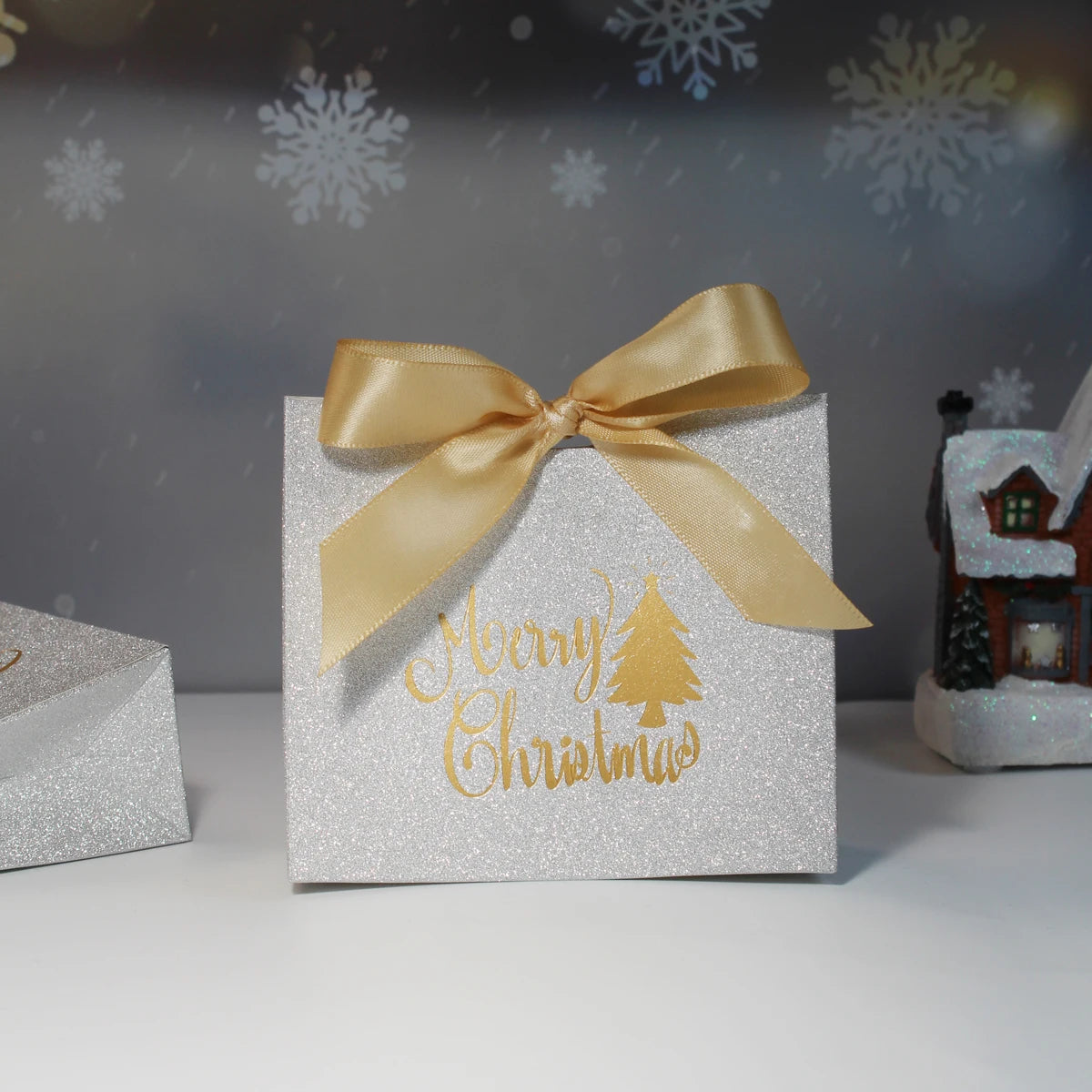 Merry Christmas Gift Box and Bags with Ribbon for Wrapping Cookies and Candy Box Christmas Gift Bags Gold Foil Design and Ribbon