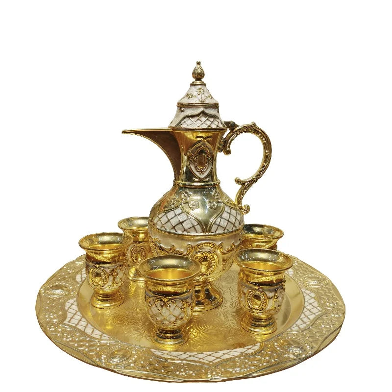 Turkish Tea Set Retro Coffee Cup Set Long Spout Wine Set Wine Pot with Teapot Tea Tray 6 Metal Cups Home Tea Table Decoration