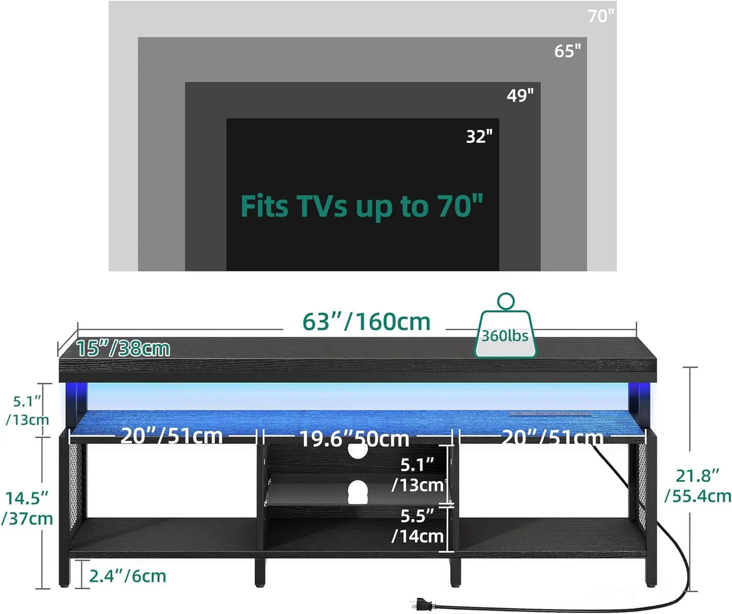 Television Stands w/Power Outlets for 70/65 inch, Modern Industrial TV Stand, Entertainment Center w/Open Storage TV Table