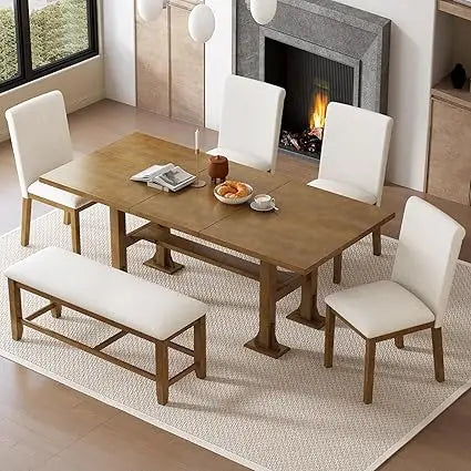 6-Piece Dining Table Set, Extendable Wood Dinings Tables and 4 Upholstered Chairs and Bench, Kitchen Dining Room Table Set