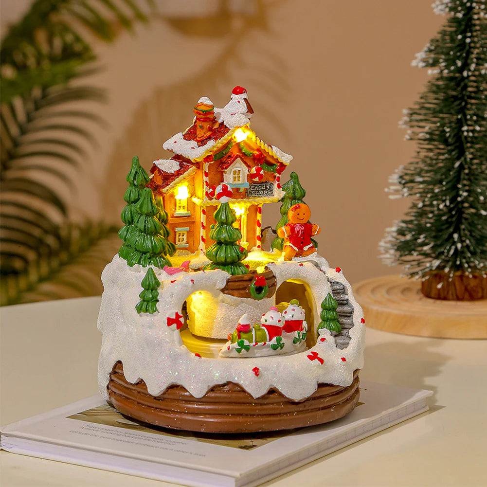 Christmas Music Box Snow Scene Ornament 6.3inch Illuminated Music Resin House Ornament Gift for Kids for Bookshelf Restaurant