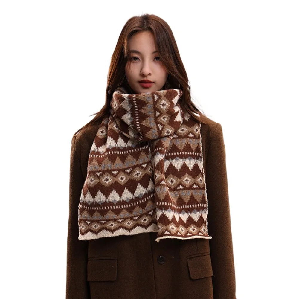 Simple Jacquard Winter Knitted Scarves Thickened Korean Style Women Scarf Keep Warm Crochet Woolen Neckerchiefs New Year Gift