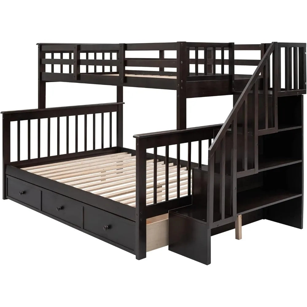 Bunk Bed ,with Stairs, with Storage Drawers and Shelves, No Box Spring Needed, Wood Bunk Bed Frame