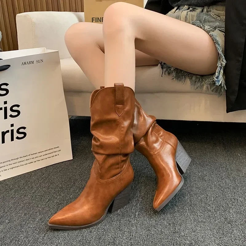 High Heels Mid Calf Pleated Boots for Women Autumn Winter Brown Pu Leather Western Boots Woman Thick Heeled Cowgirl Botas Mujer