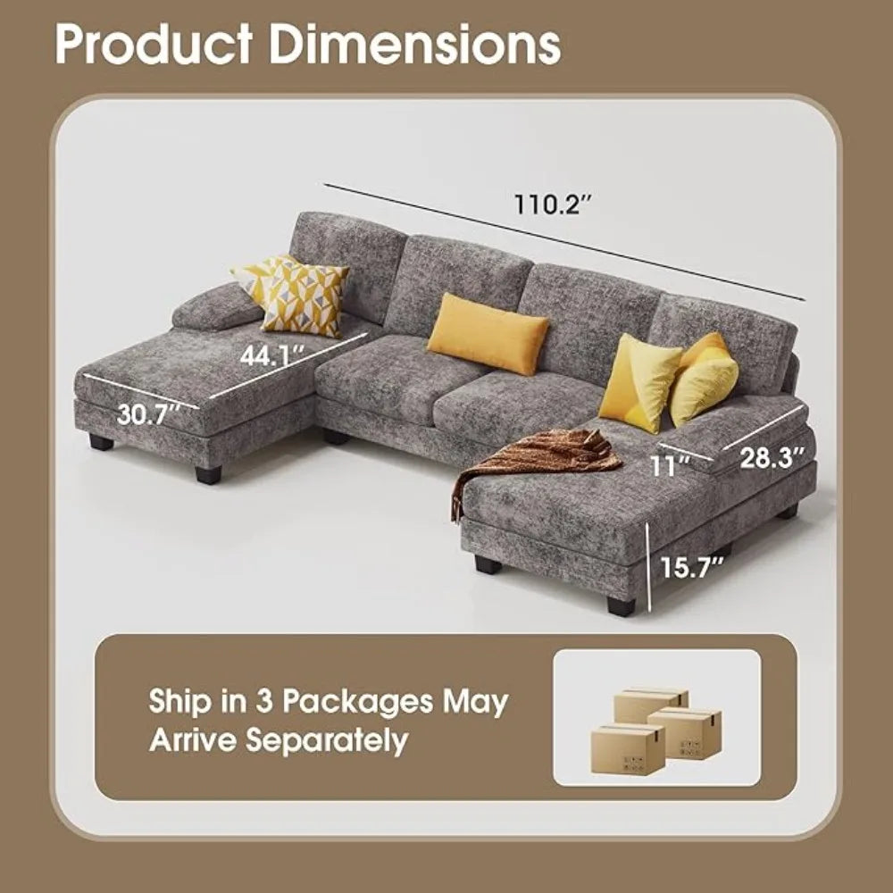 Sectional Couches for Living Room, U-Shaped Sofa Couch with Linen Fabric, 4 Seat Sofa Set with Double Chaise