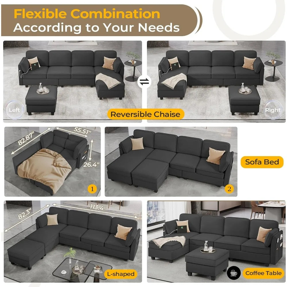 Couch Living Room Sofa Sectional Couches for Living Room Linen Fabric Modular Sofa With Pockets Dark Grey 2 Pillows Sofas Modern