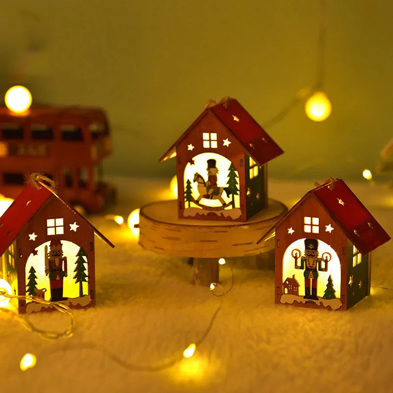 3Pcs Christmas Decorative Gifts Christmas LED Light Wooden House Luminous Cabin Illuminated Wooden House Christmas Tree Pendant