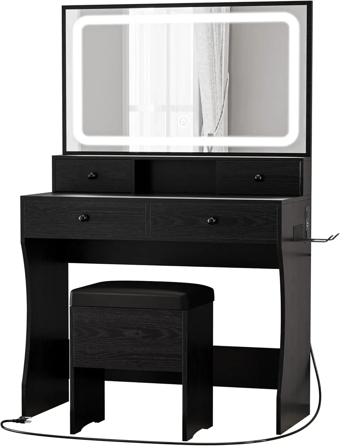 Vanity Desk with LED Lighted Mirror & Power Outlet & 4 Drawers, Makeup Table Set with Storage Stool and Hair Dryer Stand, White