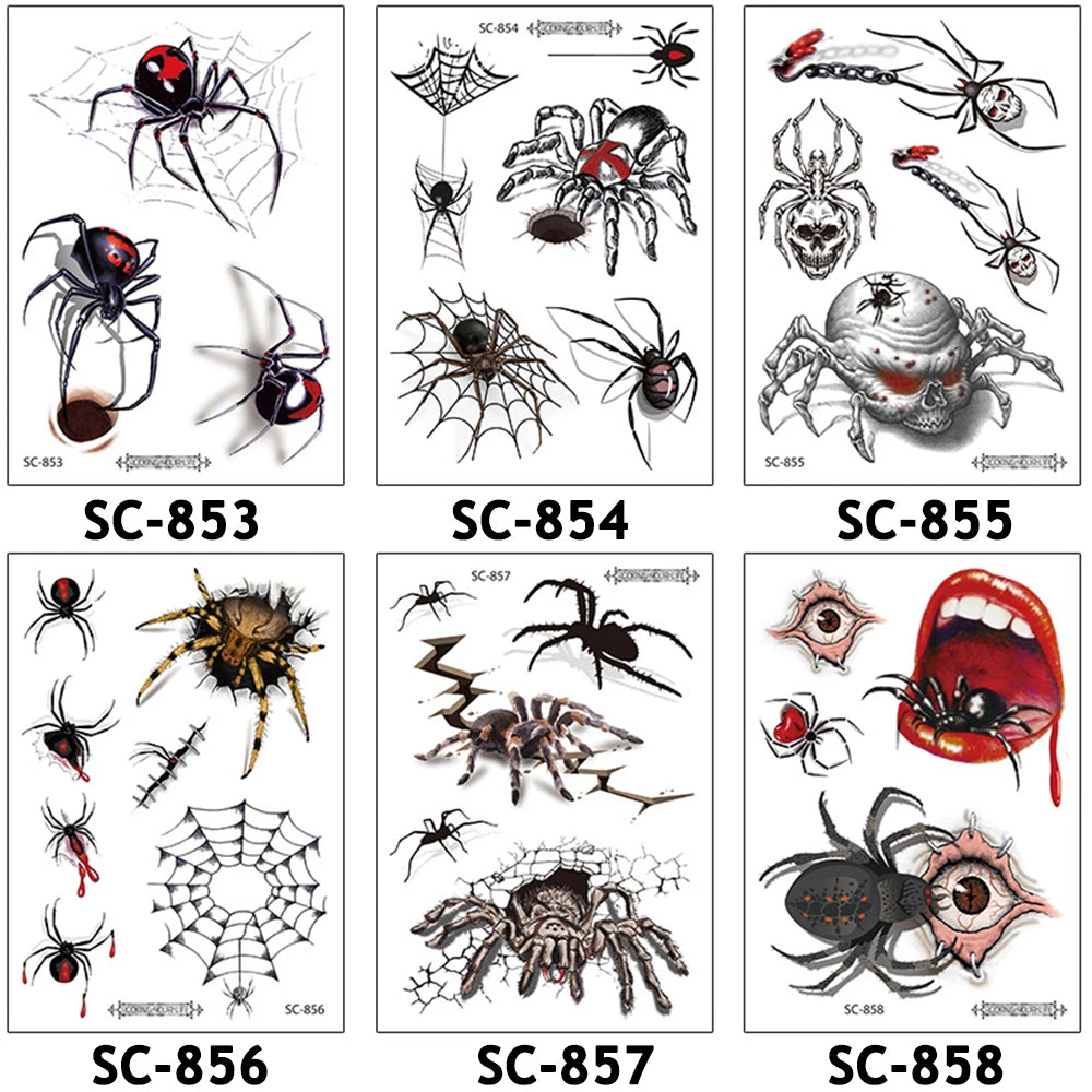 Waterproof 3D Spider Temporary Tattoo Stickers For Halloween Fake Tattoo Body Art For Men Women