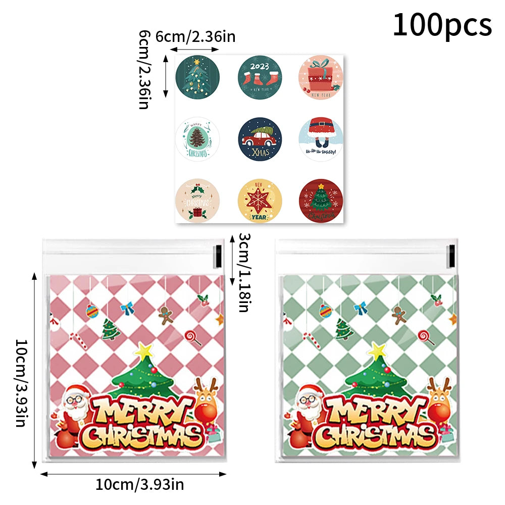 100pcs Christmas Plastic Cellophane Bags Xmas Cookies Packing Bags Christmas Candy Bags Noel Navidad 2024 Party Favors Gift Bag