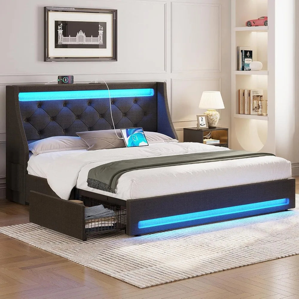 Full Bed Frame with LED Lights and Charging Station, Upholstered Bed with Drawers, Wooden Slats, Noise Free, Easy Assembly