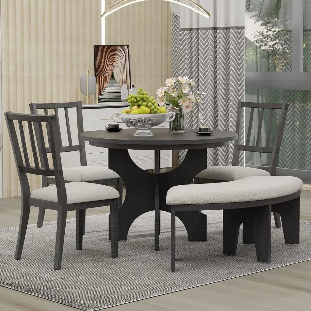 5-Piece Round Dining Table Set for 4 Round Kitchen Table Set with Curved Bench&3 Chairs Retro Round Dining Room Set for Kitchen