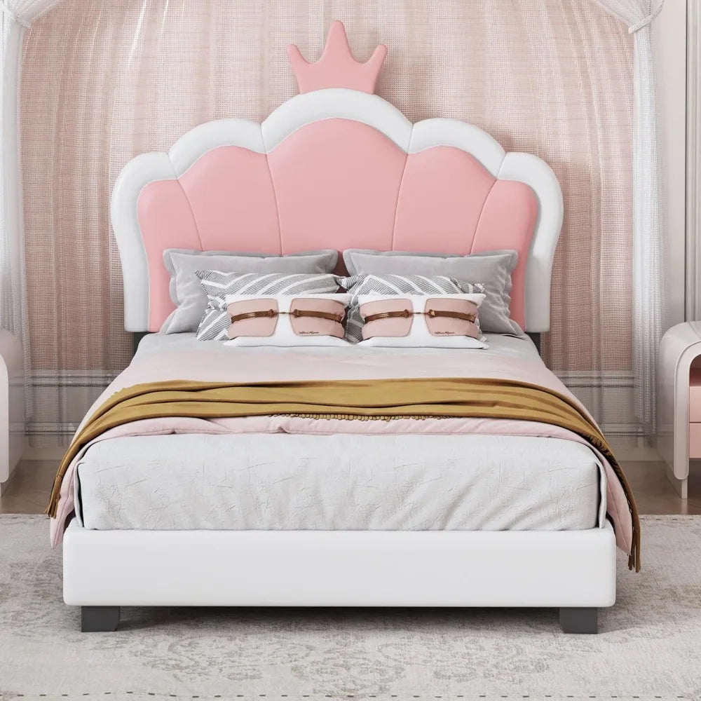 Bellemave Twin Size Princess Bed Frame with Crown Headboard, PU Upholstered Princess Twin Bed for Girls,Kids Twin Platform Bed