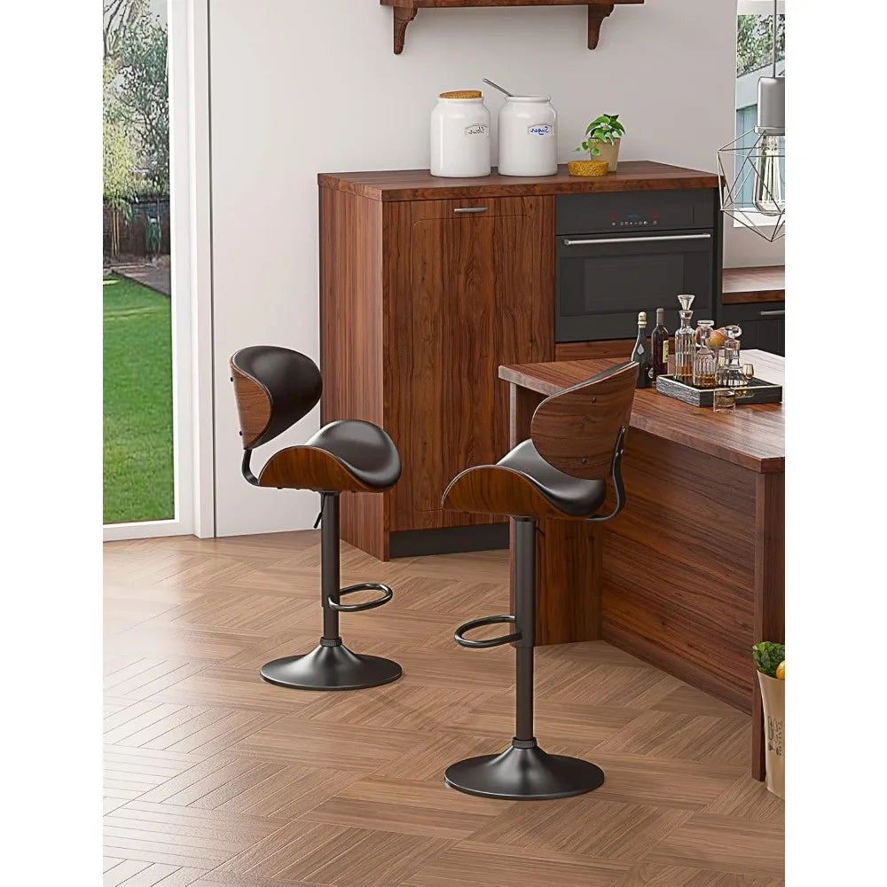 Set of 4, Bentwood Adjustable Height Swivel Bar Stools, PU Leather Upholstered Bar Chair with Back and Footrest for Bar,