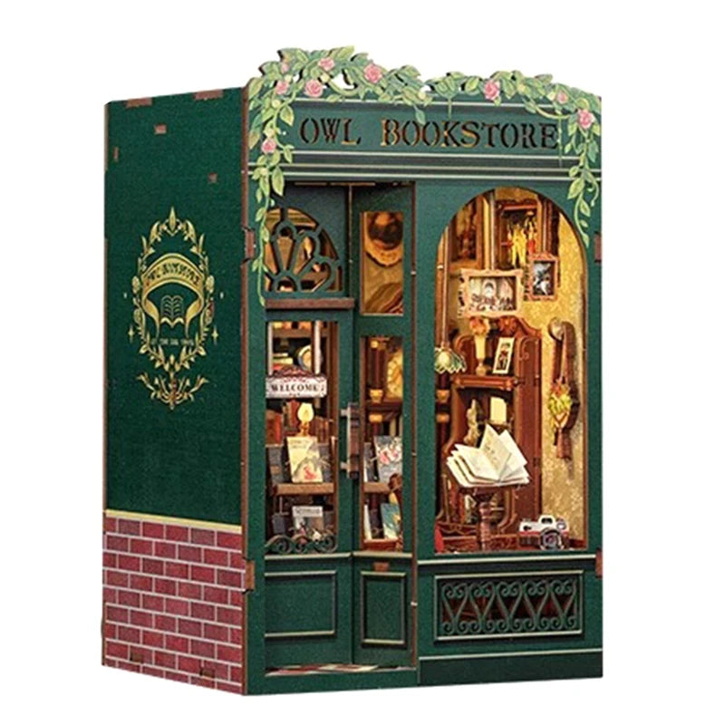 DIY Book Nook Owl Bookstore Kit, 3D Wooden Puzzle Bookend For Bookshelf Decor, With Light Model Kits For Adults