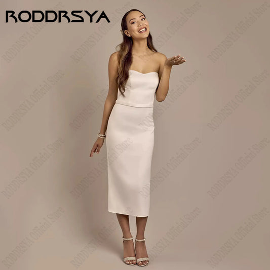 RODDRSYA Simple Strapless Wedding Dresses With Detachable Bow Mermaid Sleeveless Satin Bride Gowns Mid Calf 웨딩드레스 Customized