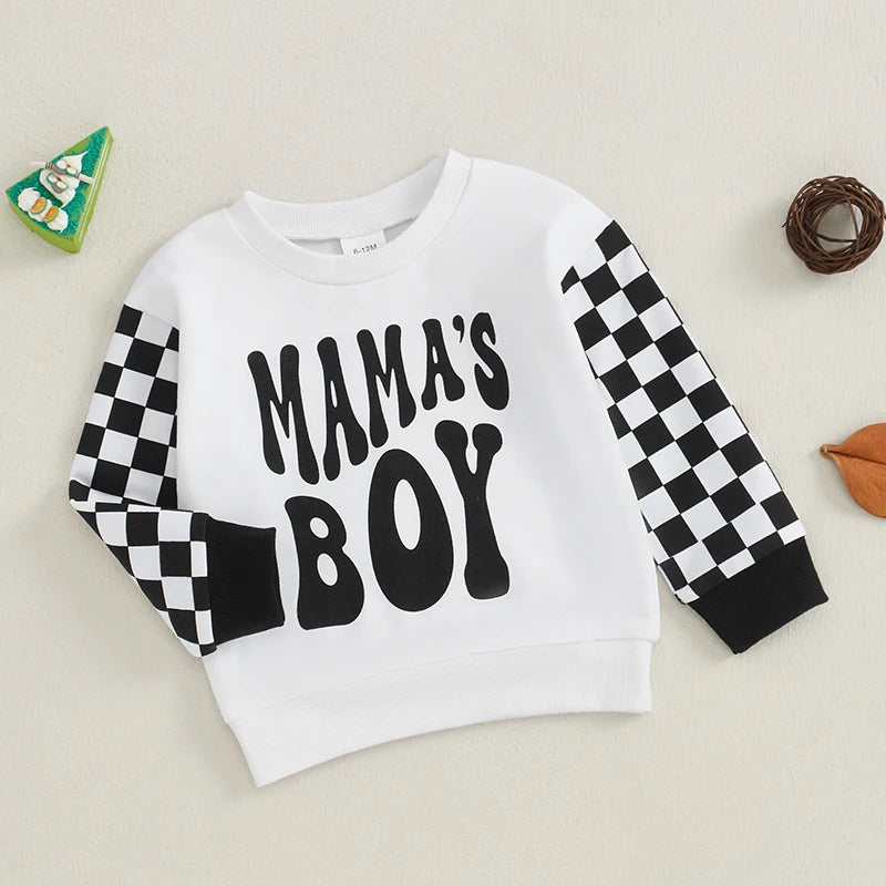 Baby Boys Sweatshirt, Long Sleeve Crew Neck Letters Print Plaid Infant Hoodie Fall Clothes