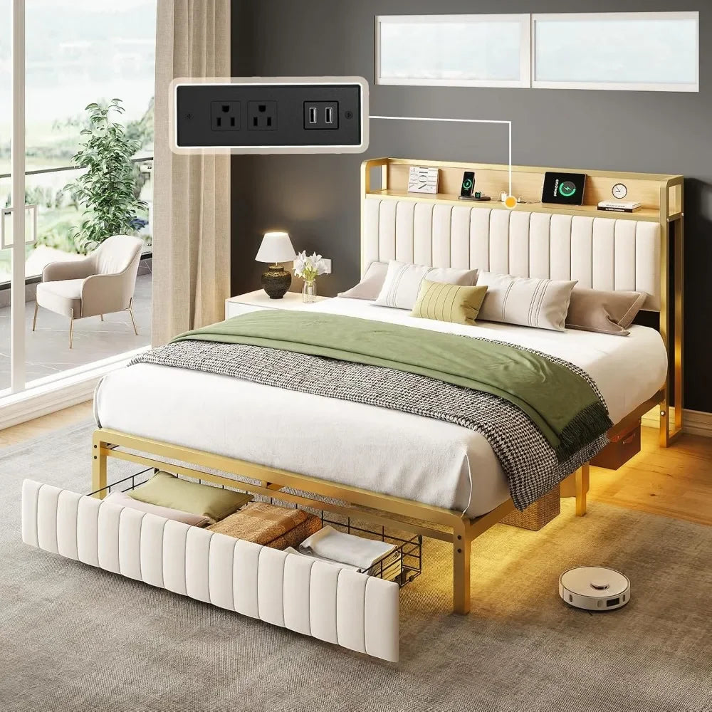 Queen Size Bed Frame with Motion Activated Light, LED Platform Bed with Integrated Drawer and Storage Headboard