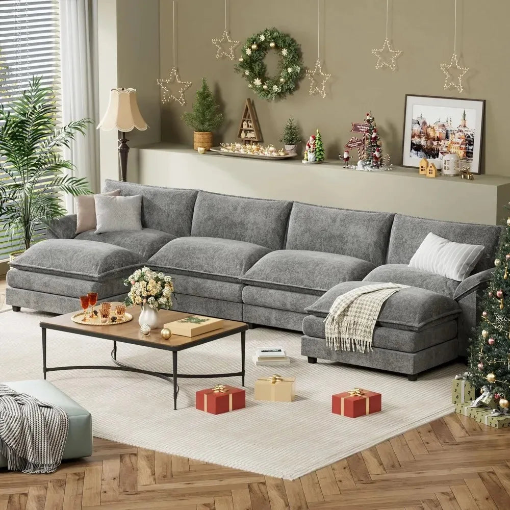 U Shaped Chenille Fabric Couch , with High Supportive & Soft Sponges and Removable Ottoman,Sectional Modular Sofa