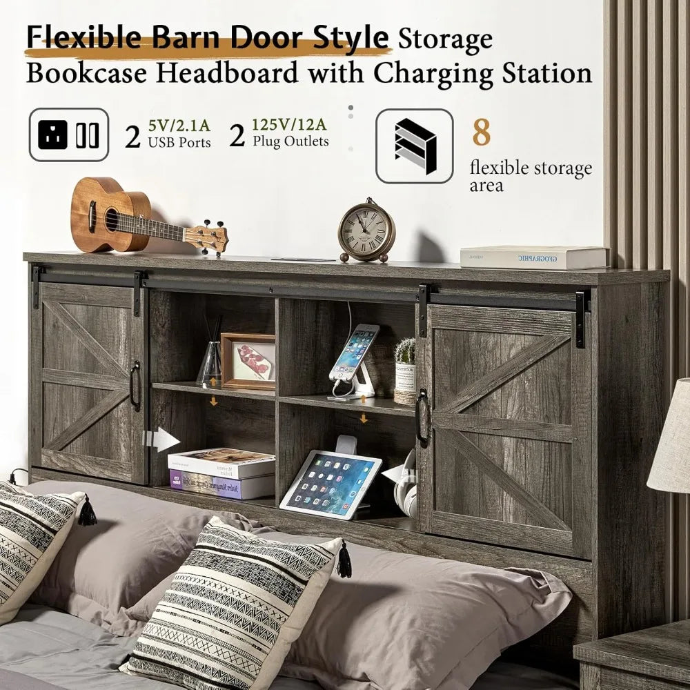 King Size Bed Frame, Wooden Platform Storage Beds with 51.2" Bookcase Headboard, 2 Drawers, Charging Station/Bed Frame