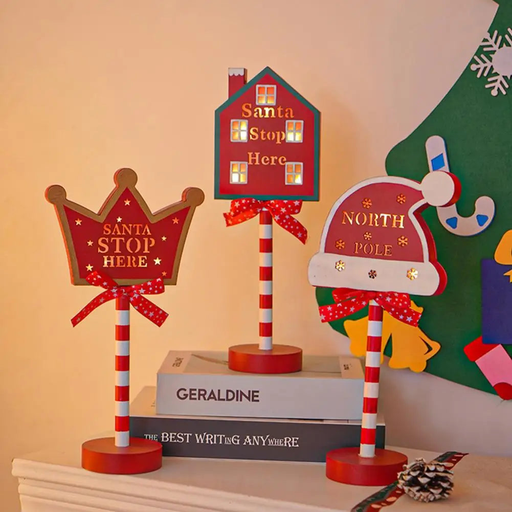 Vintage Street Sign Light Metal Street Sign with Stand Vintage Christmas Street Sign with Santa Stop Here North Pole Letter Led