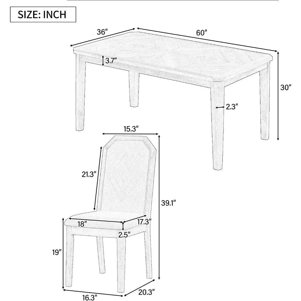 7 Pieces Dining Table Set, Wooden Rustic Table with 6 High-Back Tufted Chairs, Kitchen Dining Room Table Set for 6 People