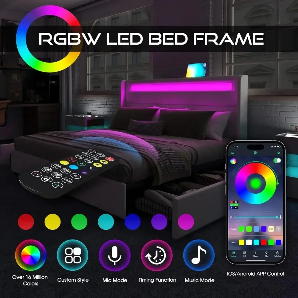 Queen Bed Frame with RGBW LED Lights Headboard & 4 Storage Drawers, Upholstered Smart Platform Bed with USB & USB-C Ports