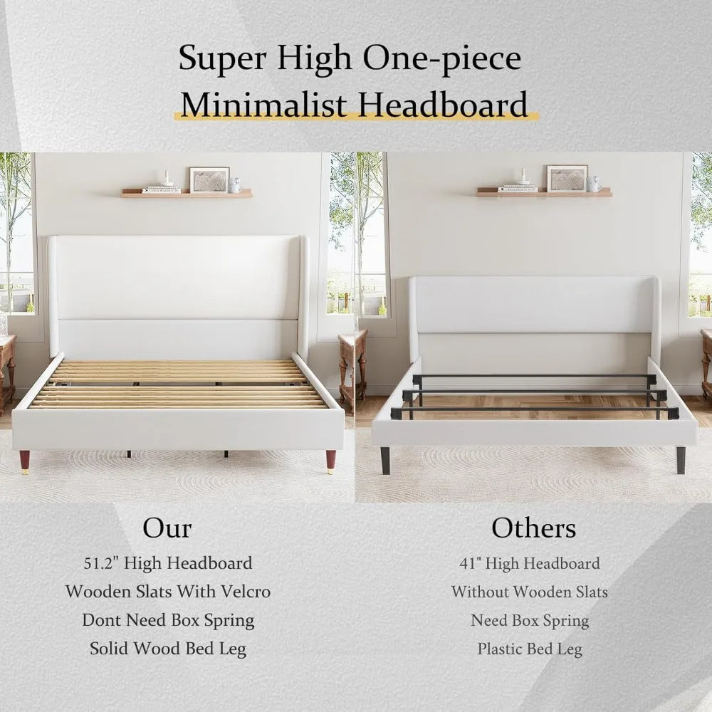 King Bed Frame Upholstered Bed Frame and Wingback Headboard/Wood Slat Support/No Box Spring Needed/Easy Assembly/White