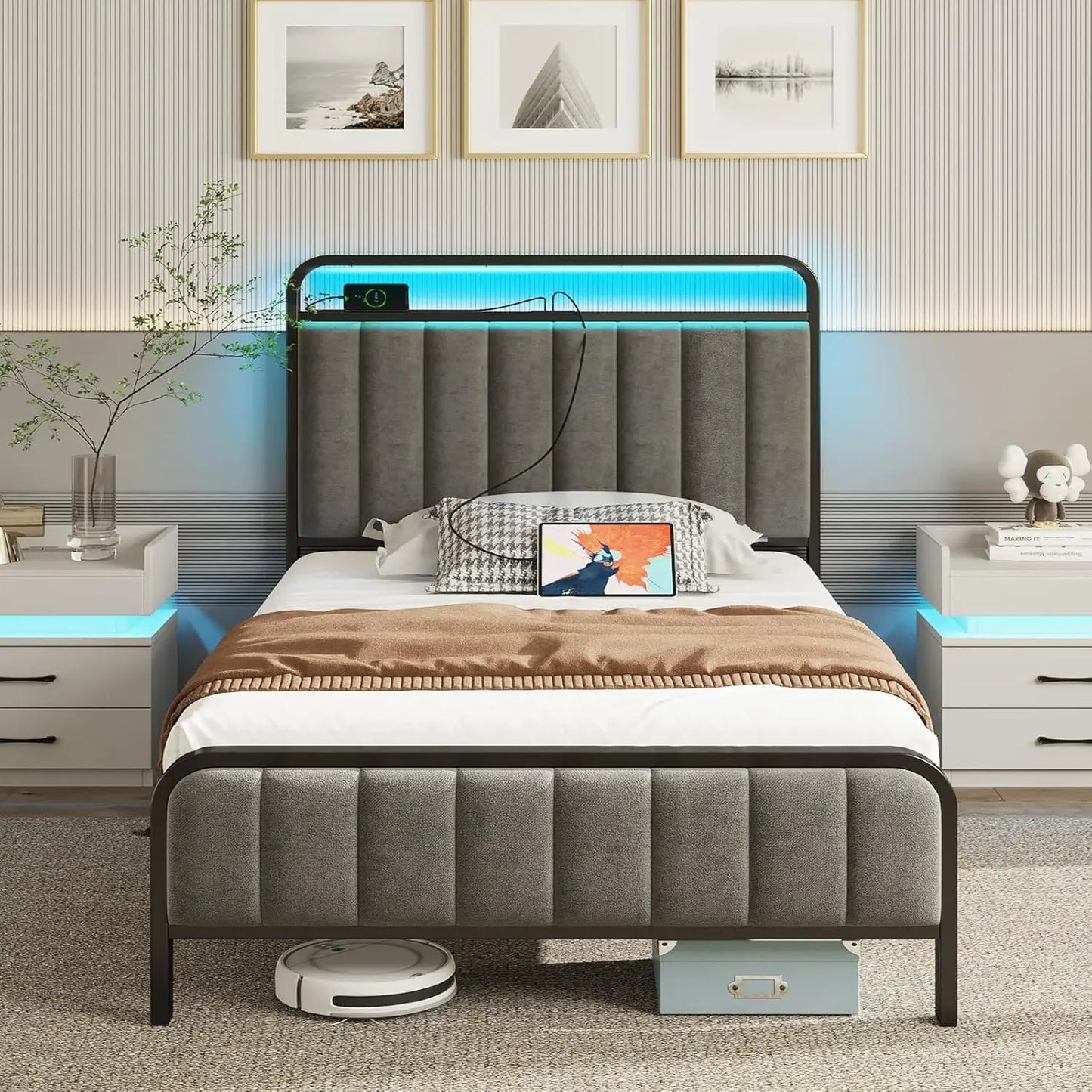 Queen Size Bed Frame with LED Light and Charging Station, Upholstered Headboard and Footboard, Metal Slat, Noise Free Bed