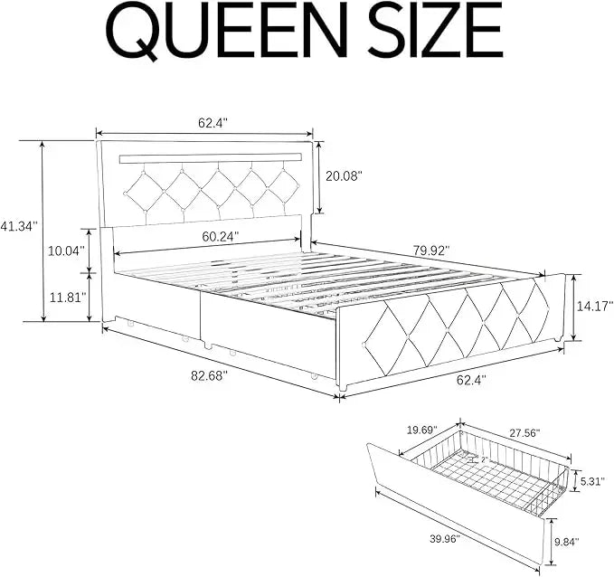 Upholstered Bed Frame with 4 Drawers and LED Adjustable Headboard, Charge Station, Solid Wooden Slats Support,White Bed Bases.