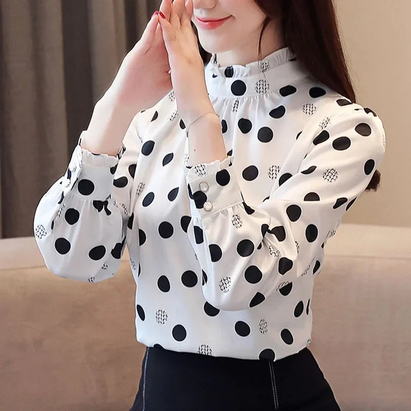 2024 herbst Mode Frauen Chiffon Shirts Langarm Polka Dot Frauen Blusen Casual Stehkragen Frauen Tops 6113 50