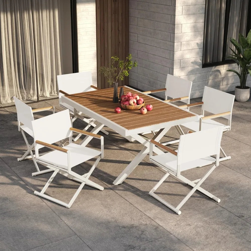 7-Piece Outdoor Dining Set, 6 Extra-Wide Foldable Chairs & 1 Extendable Table, Wood Grain Tabletop, Mesh Patio Furniture Set