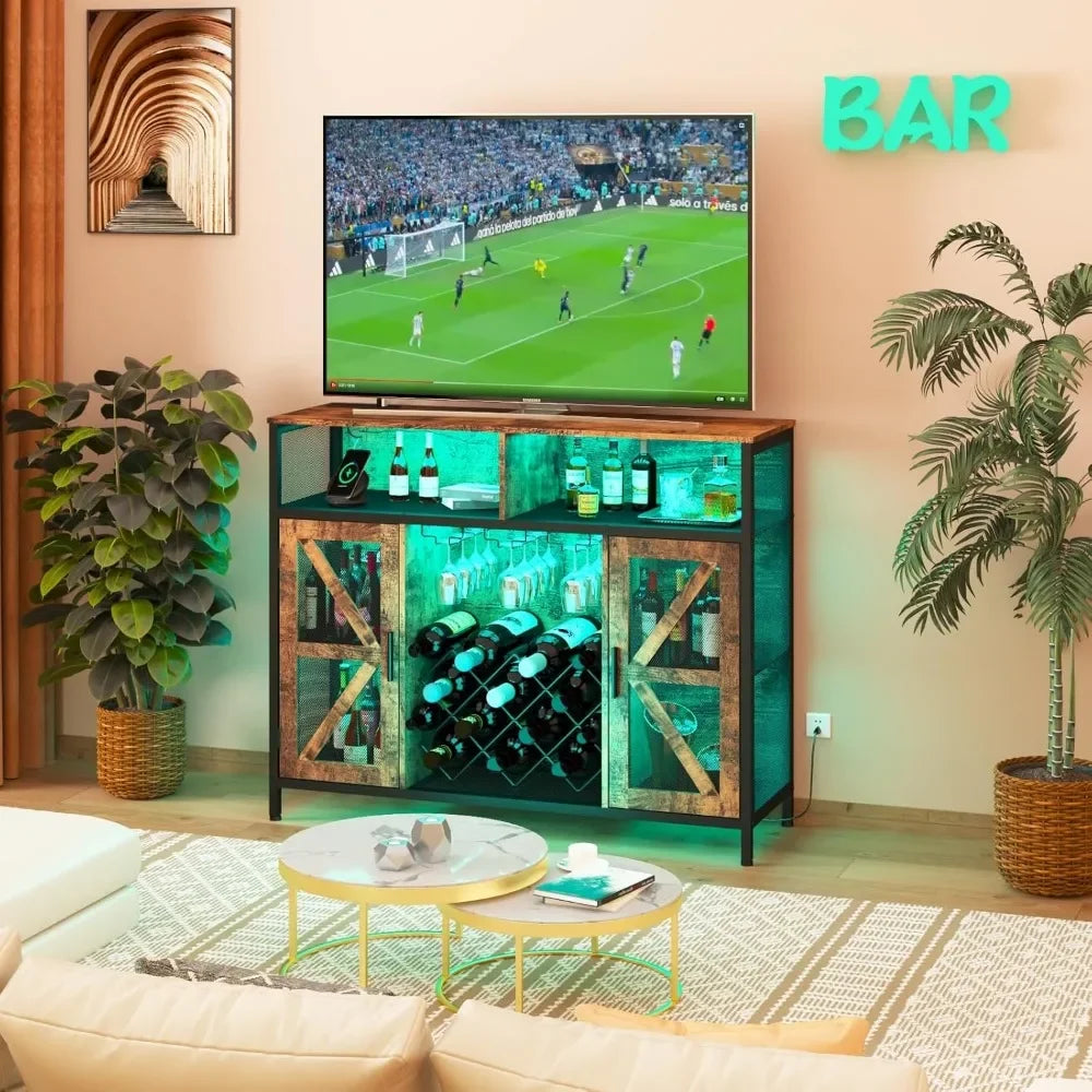 LED Wine Cabinet Bar Cabinets with Power Outlets, Coffee Bar Cabinet Liquor Cabinet for Glasses, Vintage TV Stand